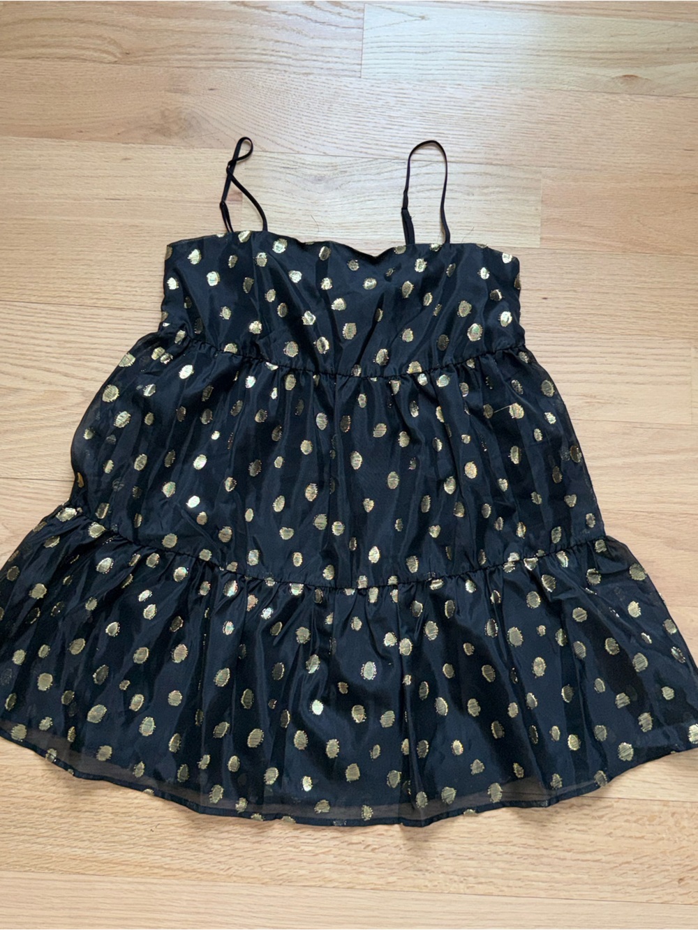 Black Tiered Spaghetti Strap Dress with Gold Polka Dots